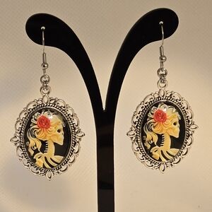 Skeleton Cameo Earrings with Red Rose